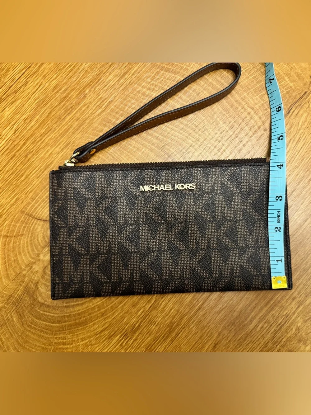 Michael Kors Brown Logo-Print Wristlet with Gold Hardware